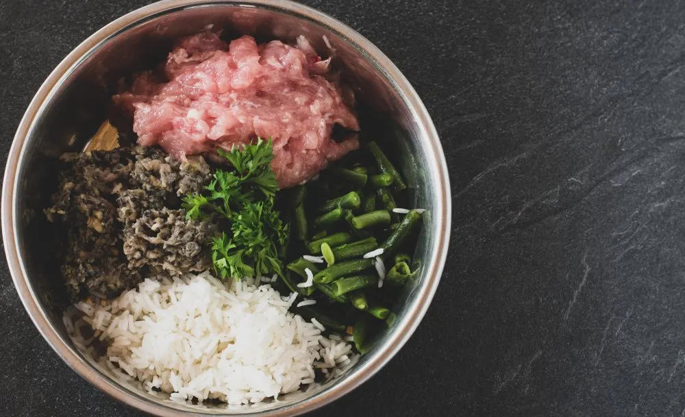 Fresh raw dog food ingredients arranged in a stainless steel bowl