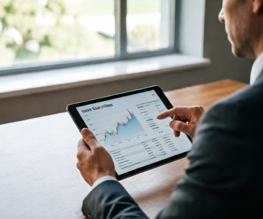 Professional financial analyst reviewing luxury car sales charts and market share data on a digital tablet