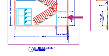 AutoCAD detail view showing the STORAGE text label now appearing correctly at the smaller 1/4 scale viewport
