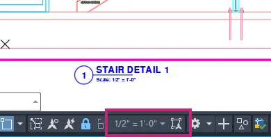 AutoCAD status bar close-up showing the Viewport Scale Sync button highlighted in blue when scales match