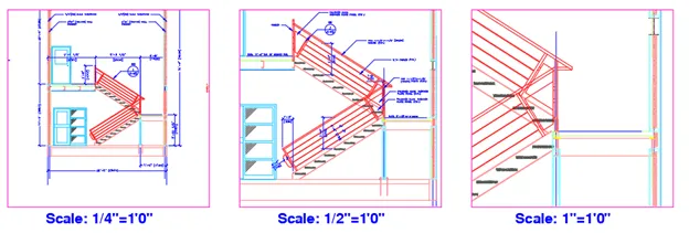 AutoCAD layout with three viewports at different scales, showing text, dimensions, and multileaders displayed only where their scale matches