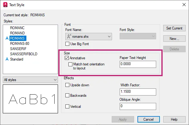 AutoCAD Text Style dialog box showing the Annotative checkbox and Paper Text Height field enabled