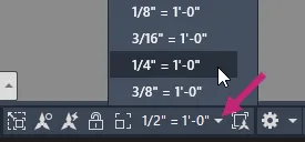 AutoCAD viewport scale drop-down list on the status bar with several architectural scale options visible