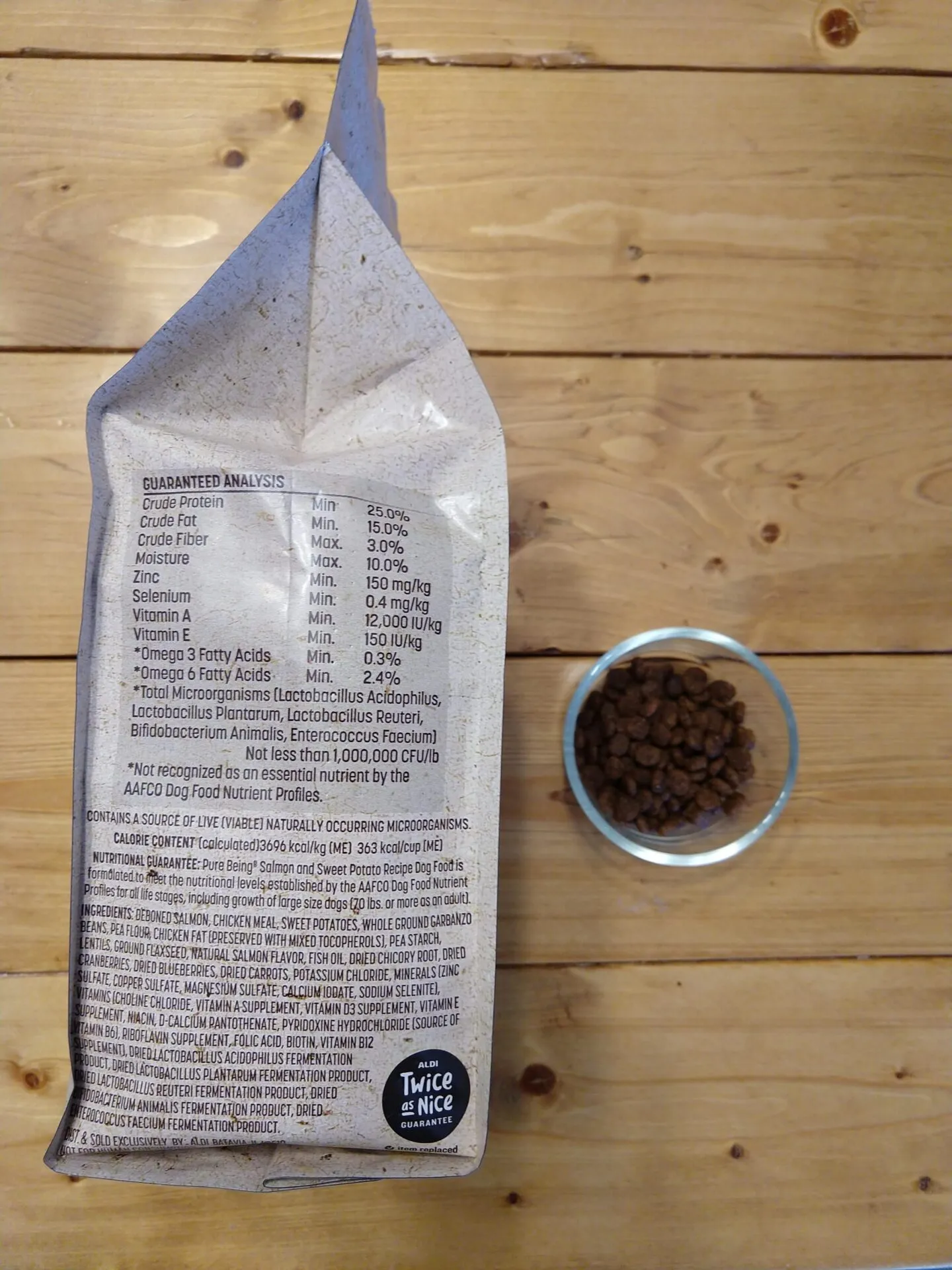 Close-up of grain-free dog food ingredients and nutrition label
