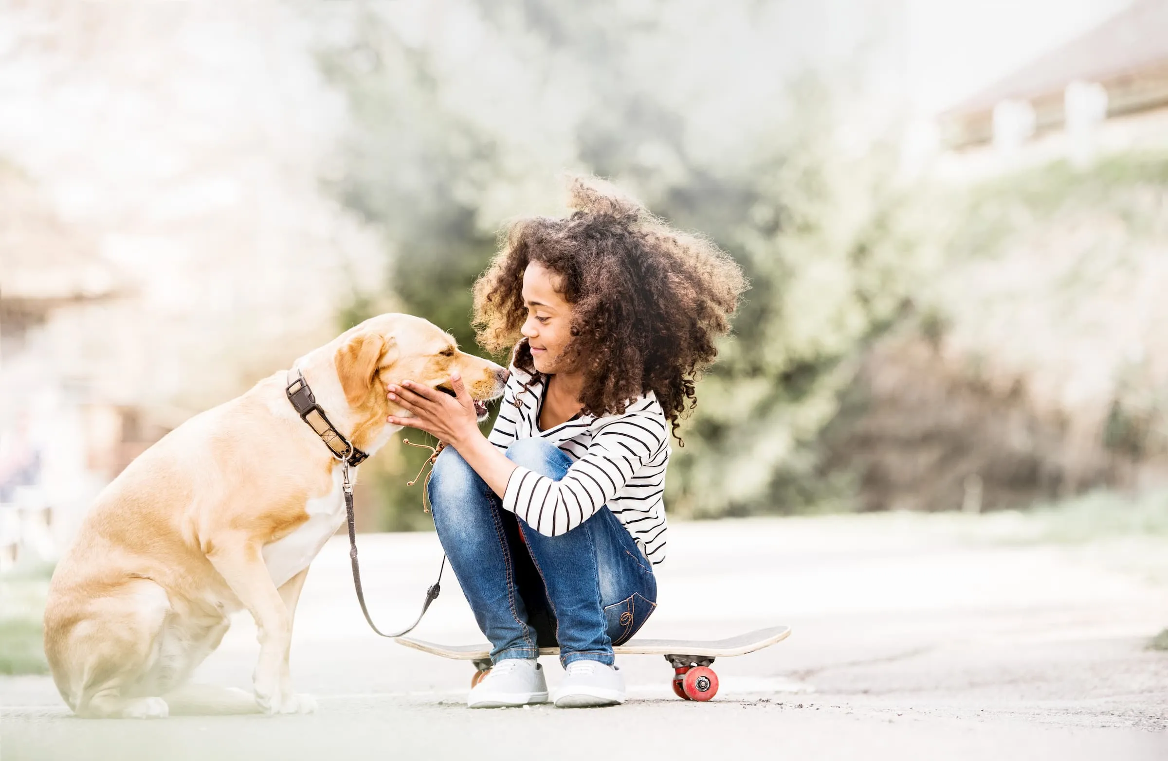 A young girl sits on a skateboard petting her large tan lab dog smiling.