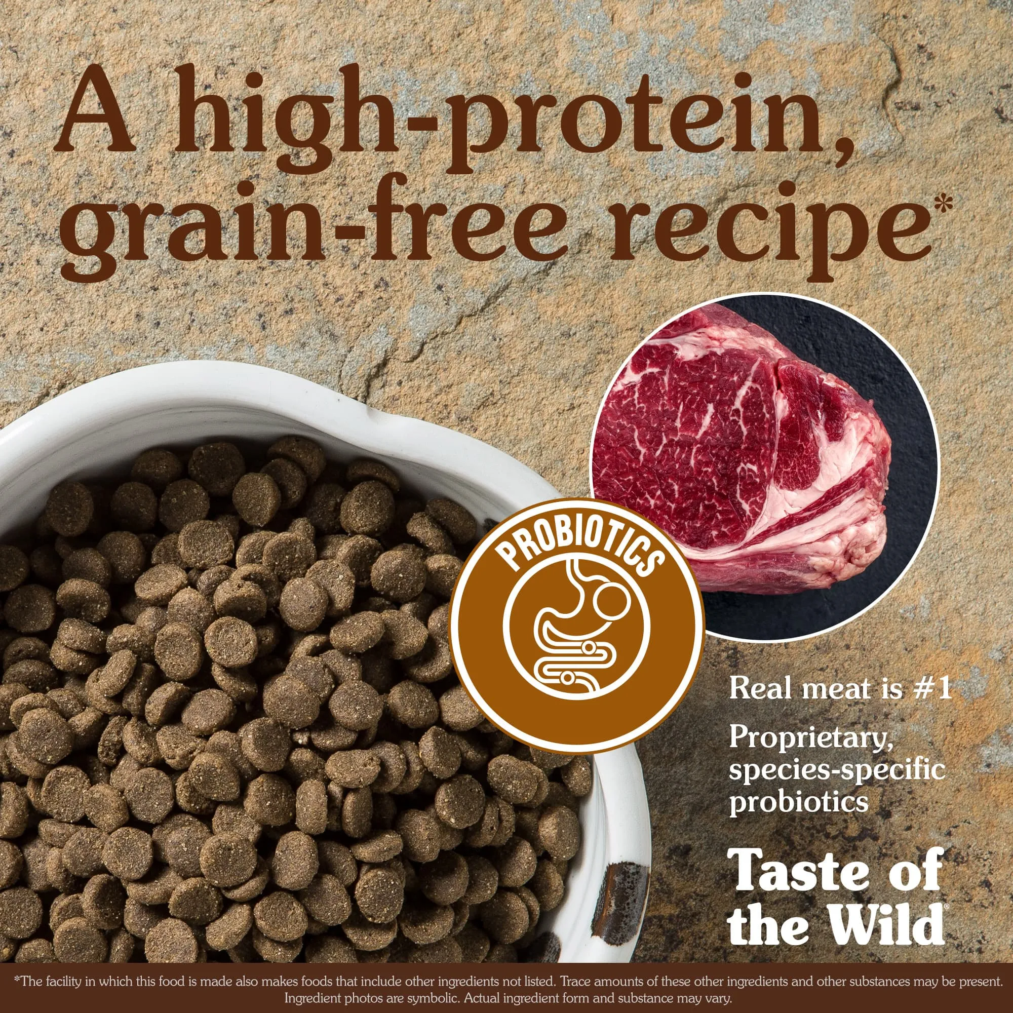 A white ceramic bowl full of High Prairie Canine Recipe with Roasted Bison & Roasted Venison kibble with a circular overlay image containing a cut of real bison meat.
