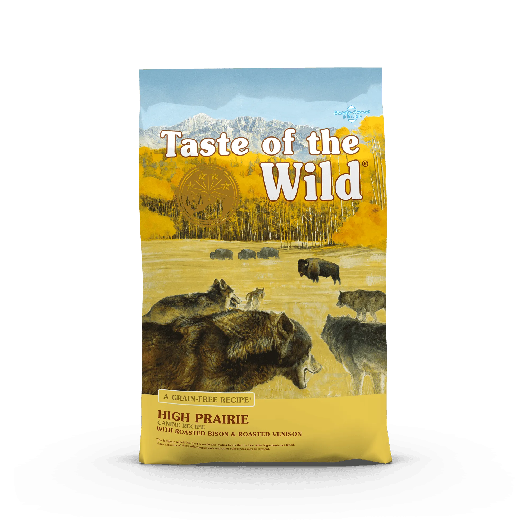 The front of a bag of High Prairie Canine Recipe with Roasted Bison & Roasted Venison.