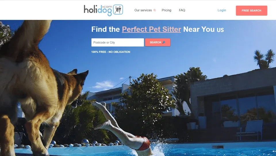 Holidog platform interface for booking pet care services