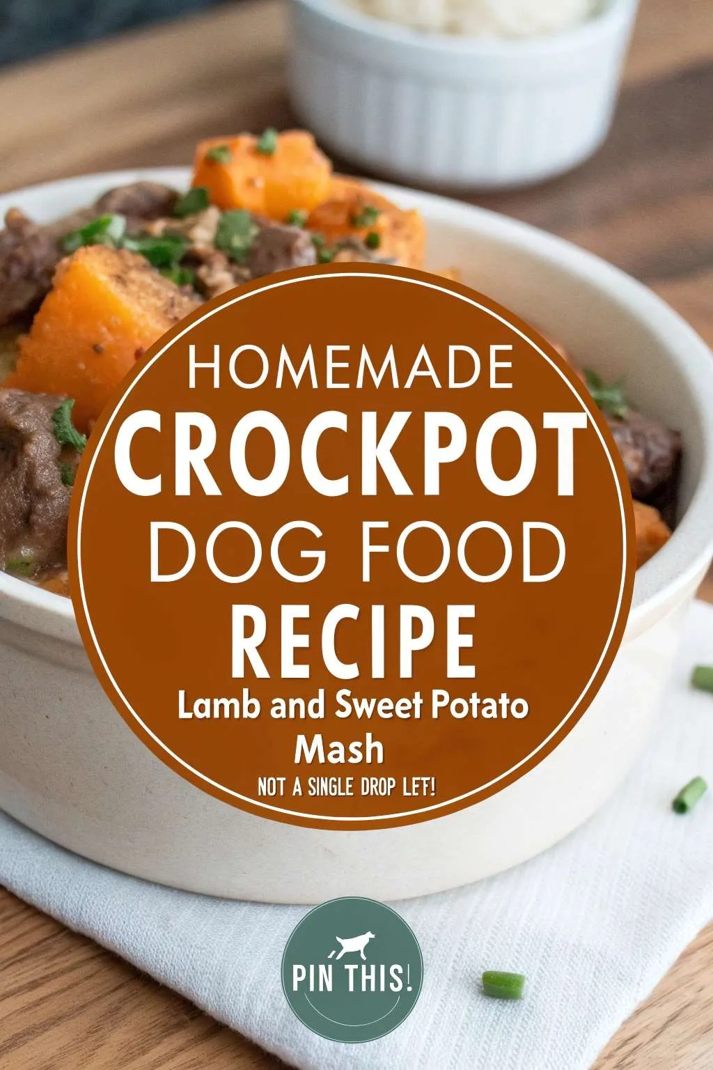 Homemade crockpot dog food with lamb and sweet potato served in a bowl