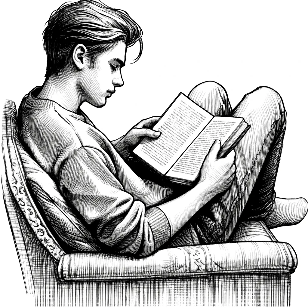 Man reading a book carefully to build comprehension of a topic