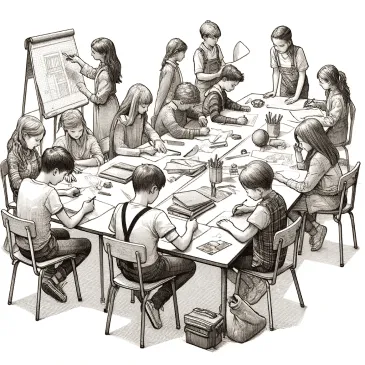 Students working together in a classroom setting applying knowledge to a task