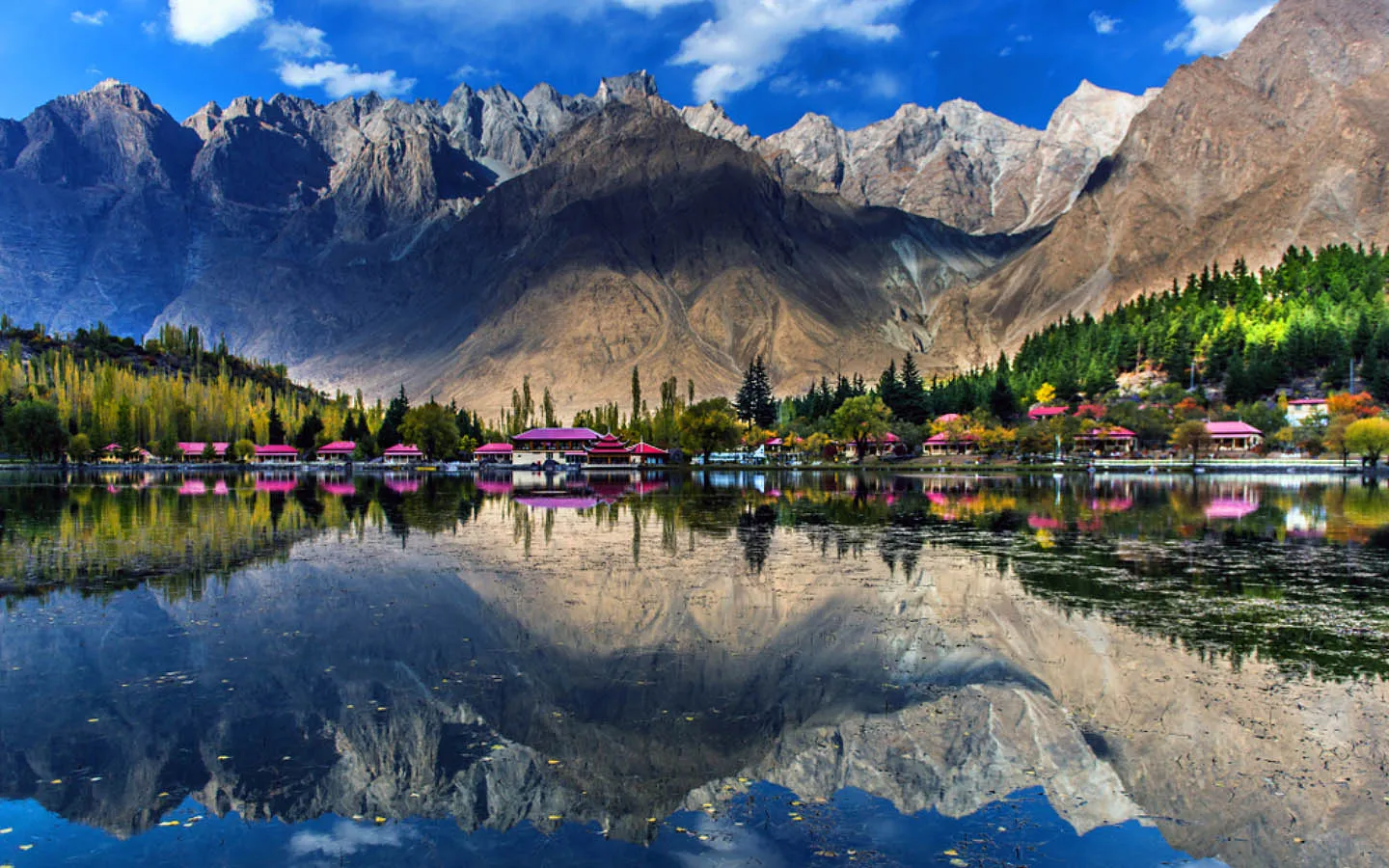 Aerial view of Shangrila Resort surrounded by mountains and lake in Skardu valley
