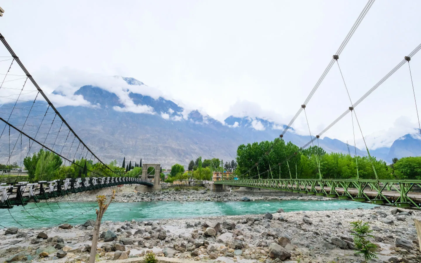 Gilgit River flowing through mountainous valley landscape in northern Pakistan