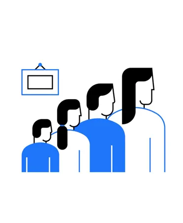 A simple line-drawing illustration of a family of four, representing age-appropriate app content