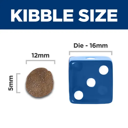 Hill's Prescription Diet z/d dry dog food kibble shown at scale next to measuring reference