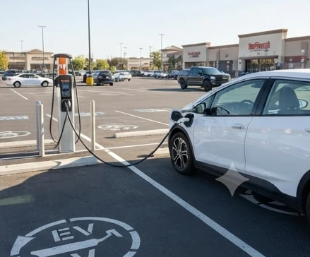 An electric vehicle plugged into a Level 2 charging station in a commercial shopping center parking lot