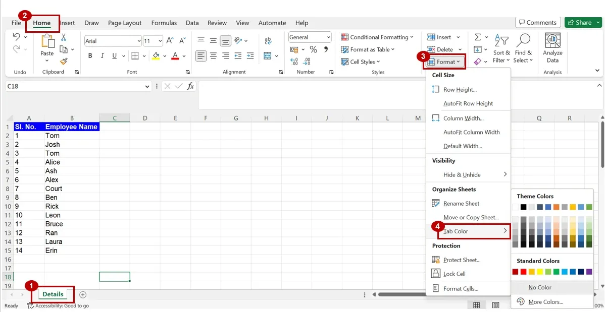 Excel Home ribbon showing the Tab Color option