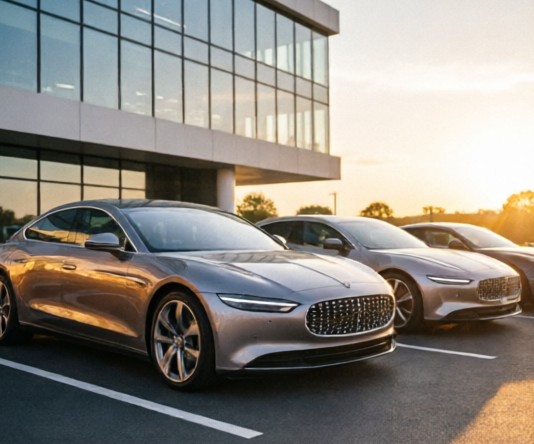 Sleek modern luxury sedans parked outside a contemporary corporate headquarters during sunset