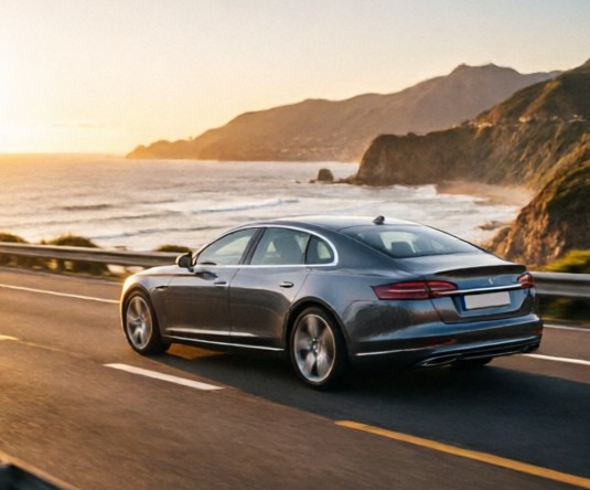 Luxury cars driving along a scenic coastal highway surrounded by modern architecture and natural landscape