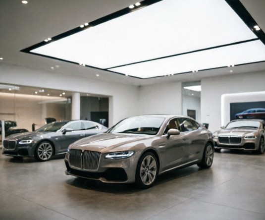 Modern luxury vehicles displayed inside a brightly lit premium automotive showroom with polished floor tiles