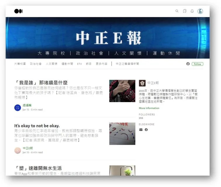 Medium Publications interface with customizable sections and navigation