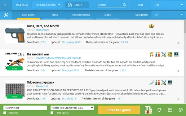 Minecraft modpack system offering curated mods, maps, and resource packs