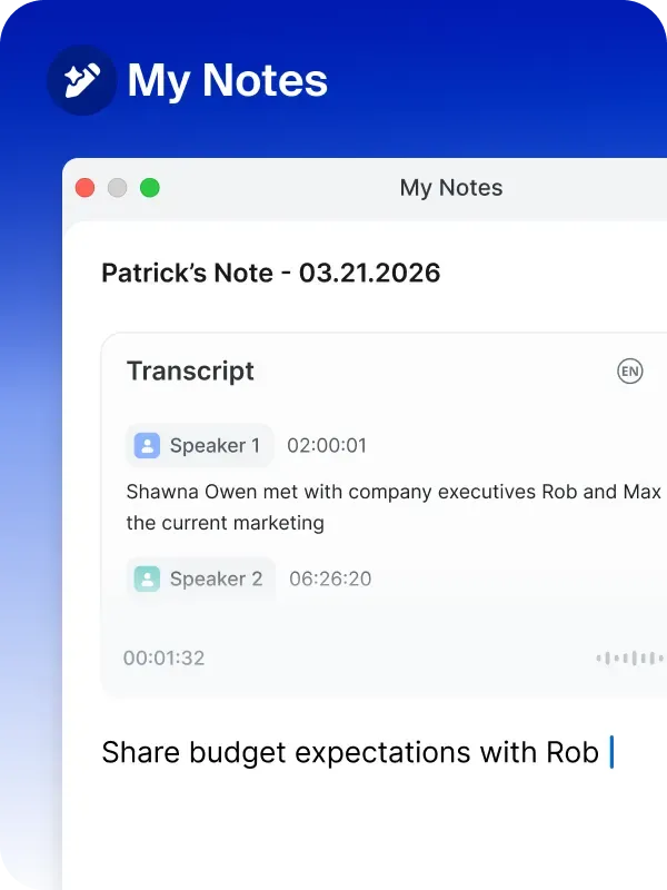 Automatically captures, summarizes, and extracts action items from any virtual or in-person meeting.