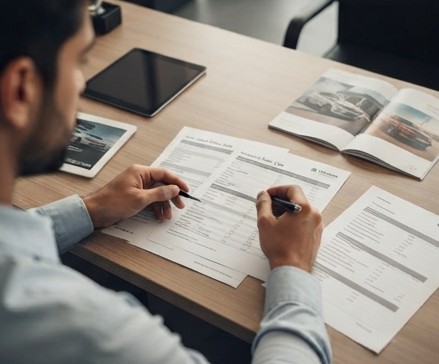 Car buyer reviewing on-road price documents and insurance paperwork at a dealership desk