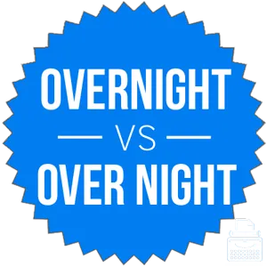 Comparison chart showing correct usage of overnight as one word versus incorrect two-word spelling