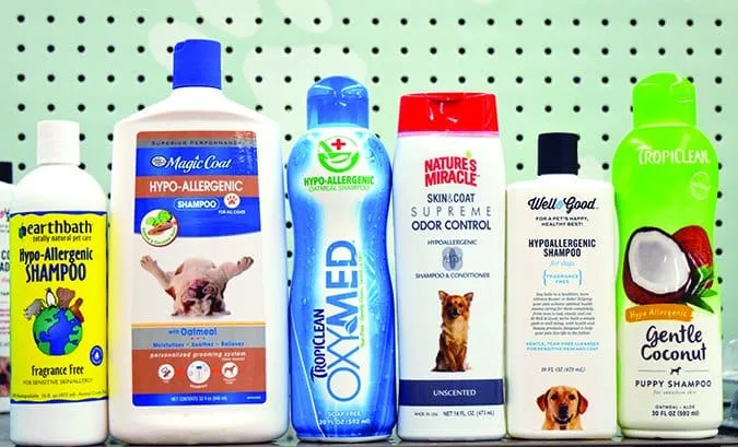 Bottle of gentle dog shampoo formulated for dogs with sensitive skin