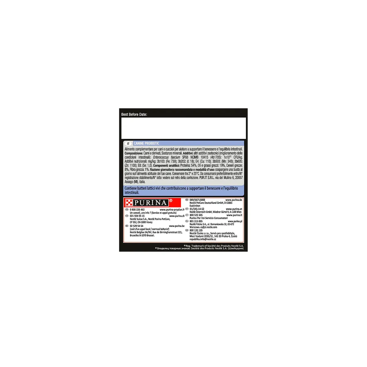 Back panel of FortiFlora canine supplement showing feeding instructions and guaranteed analysis