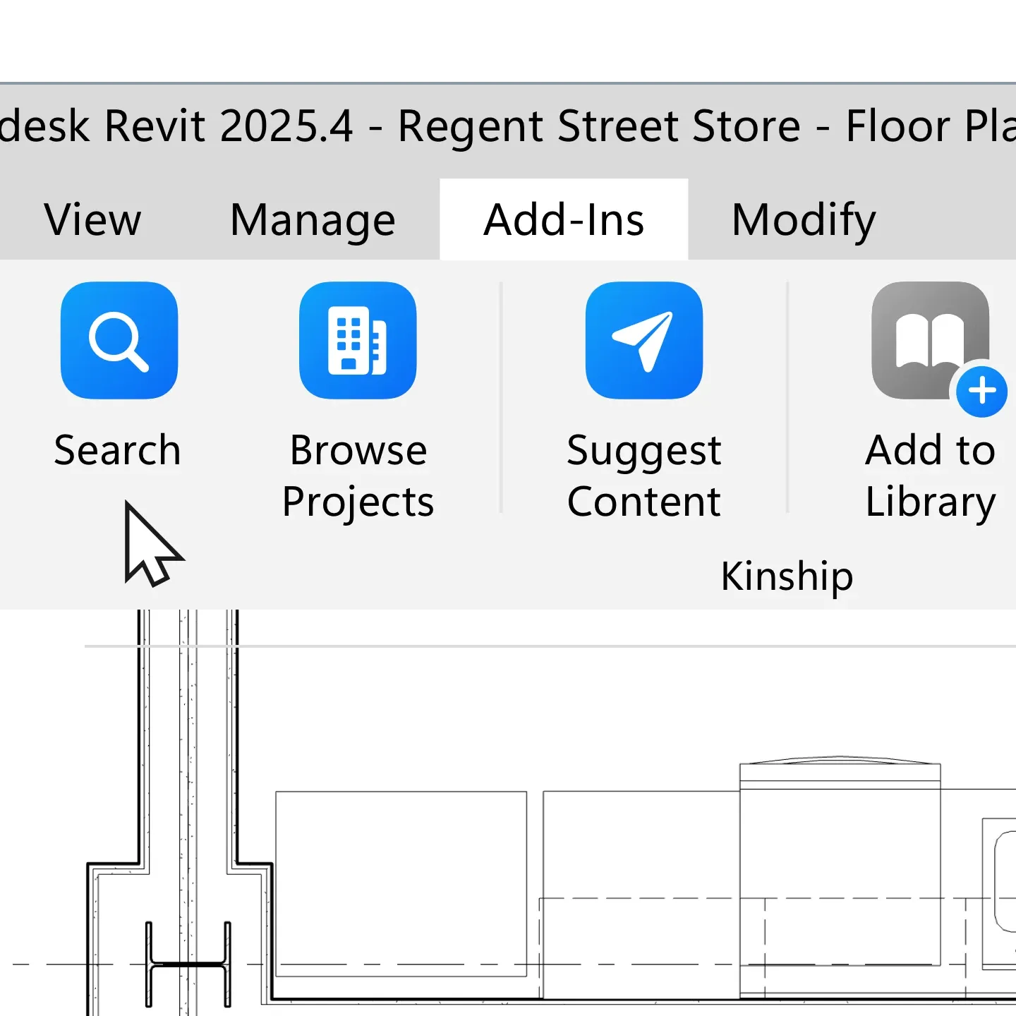 Revit software interface with search panel for finding building components