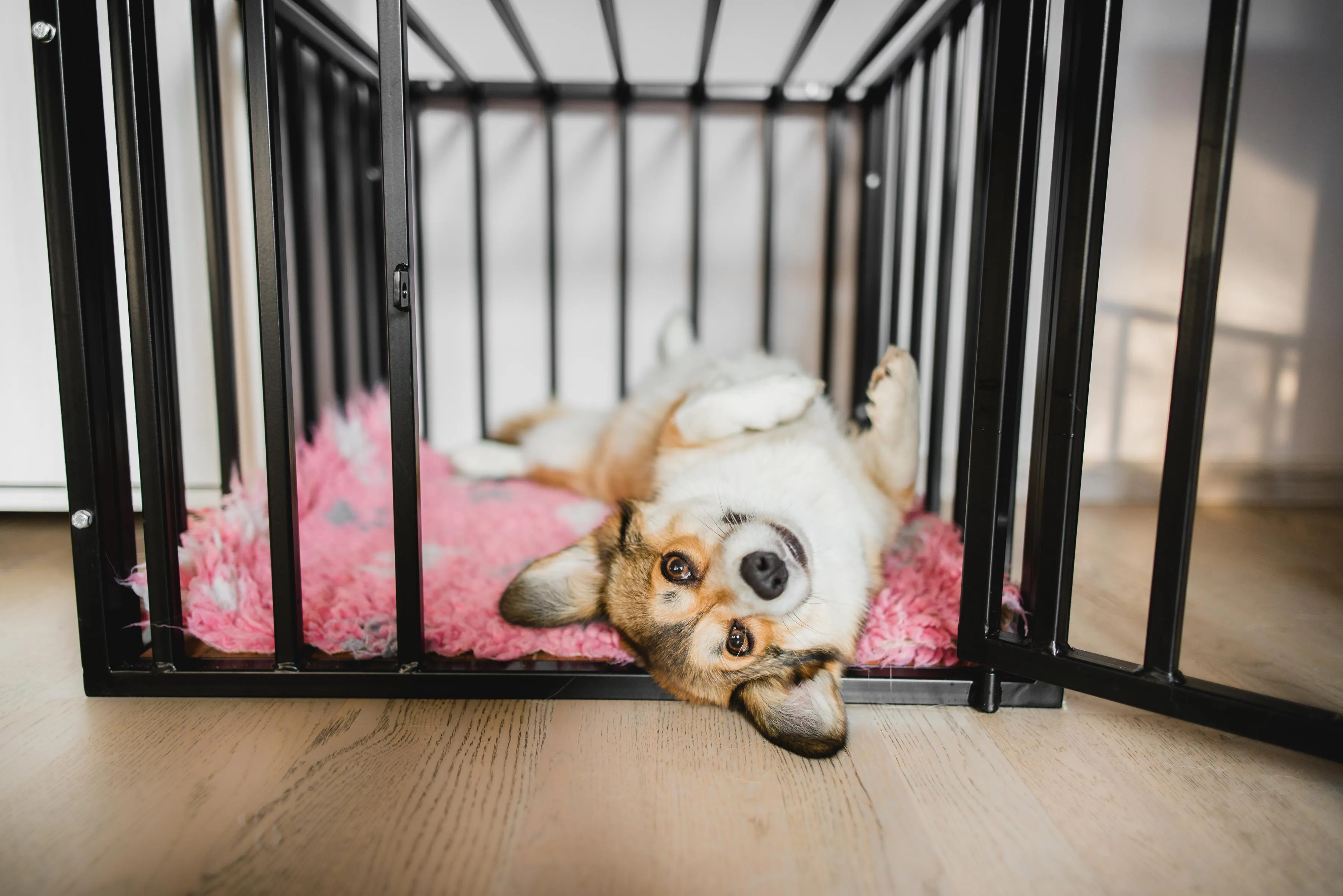 Relaxed corgi puppy resting upside down inside crate after puppy training class