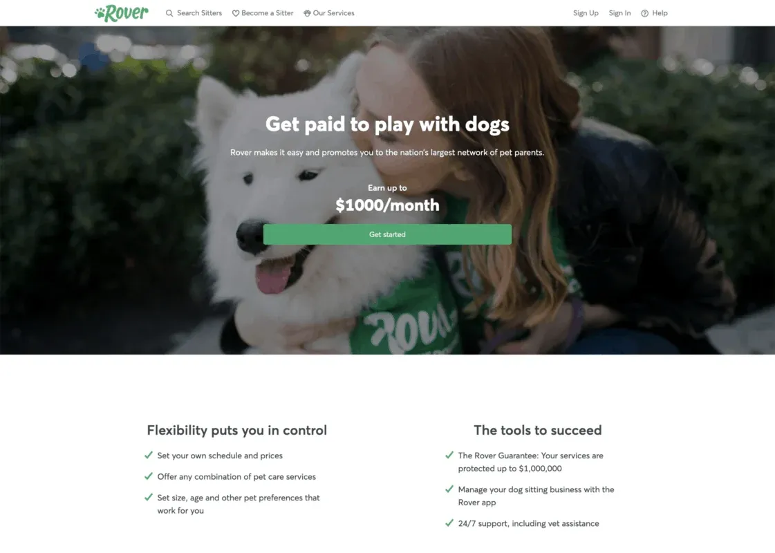 Rover side hustle app homepage