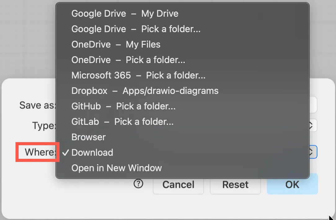 Save As dialog showing storage location options in draw.io