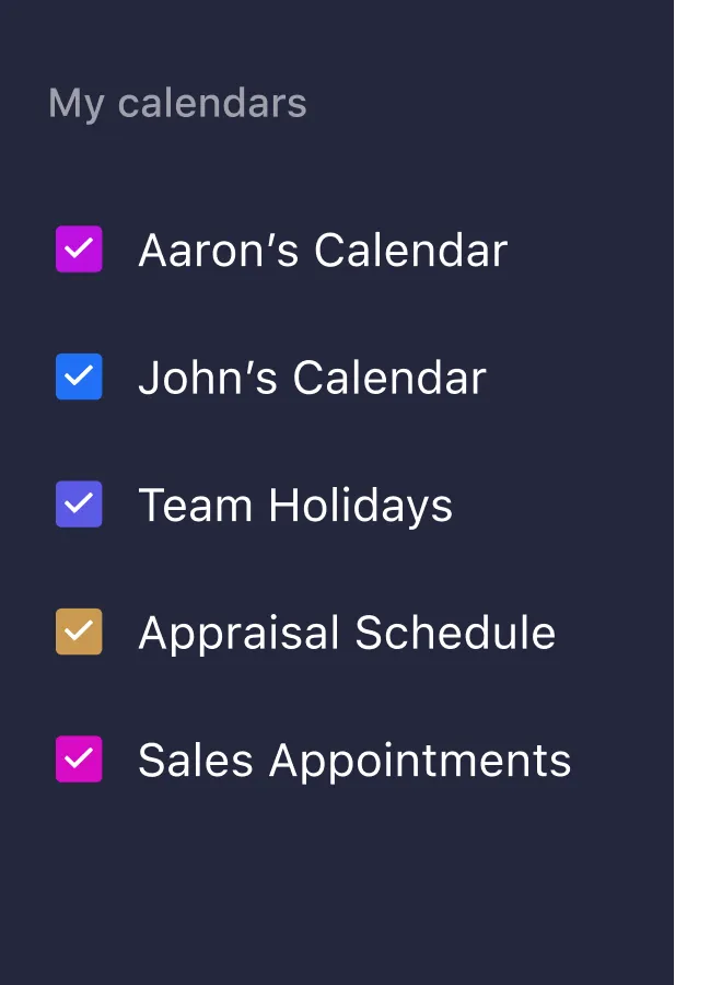 Business calendar displaying meetings and shared scheduling options
