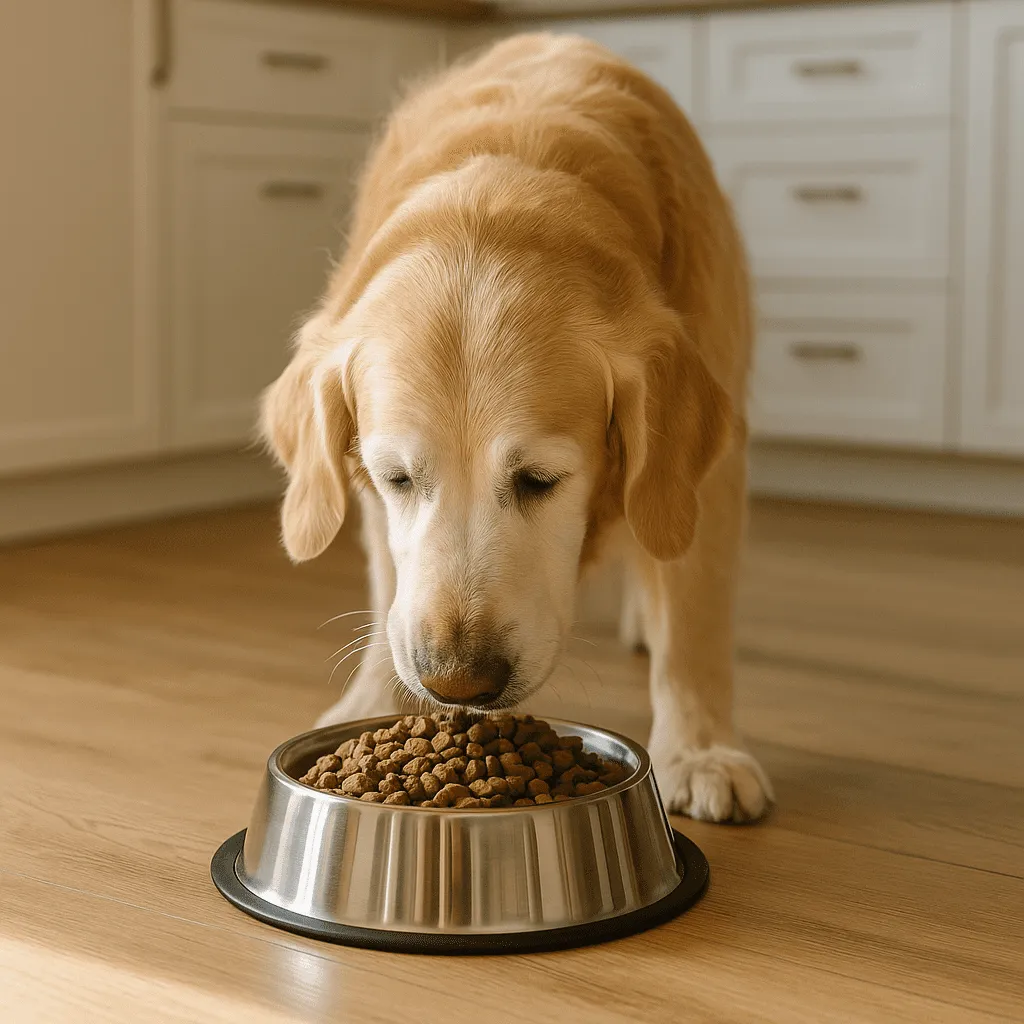 Dry kibble senior dog food in bowl with scoop.