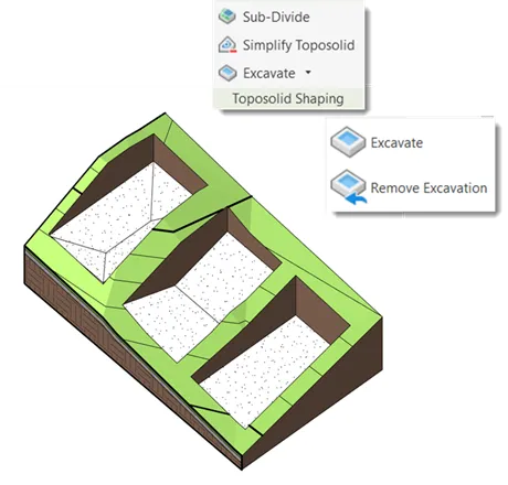 Site design showing excavation cuts applied to a toposolid element