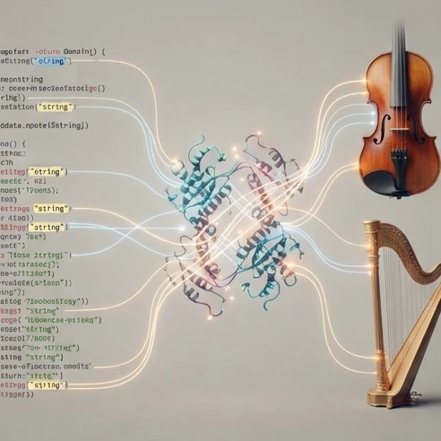 Conceptual visualization of the term string spanning computer code lines, molecular protein networks, and musical instrument strings in a professional editorial style