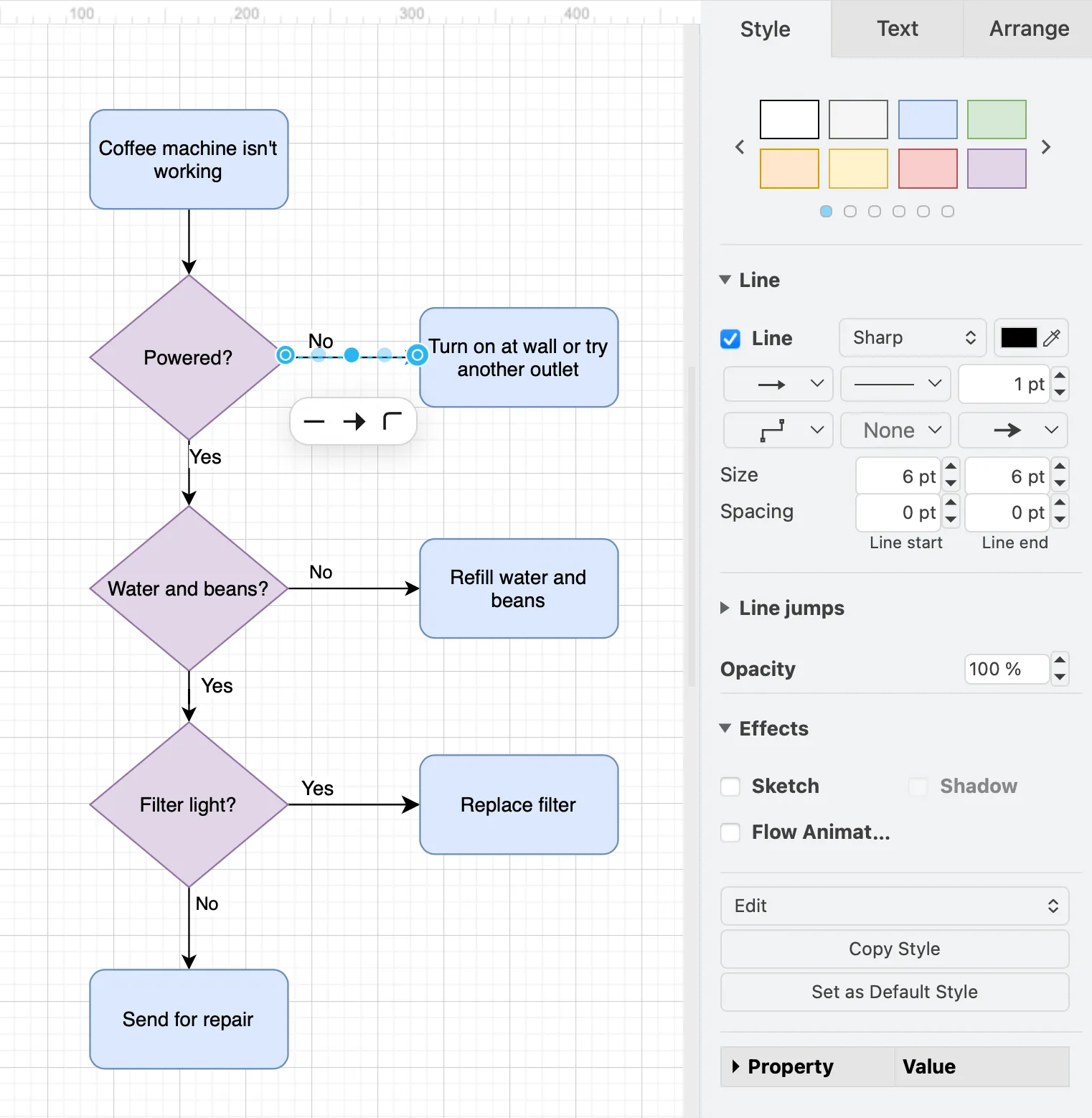 The Style tab in the format panel lets you change shape and connector styles in draw.io