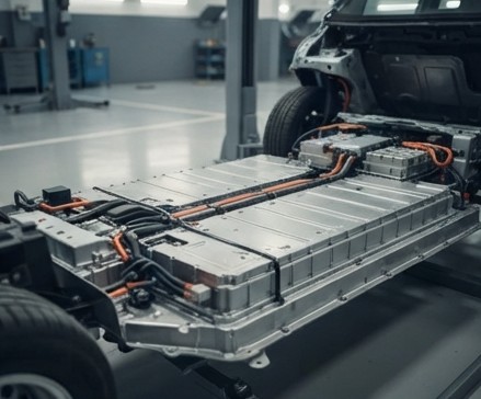 Close-up view of an electric hatchback's underfloor lithium-ion battery pack and charging port