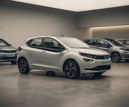 Tata Altroz EV hatchback parked beside compact and premium electric cars in a showroom