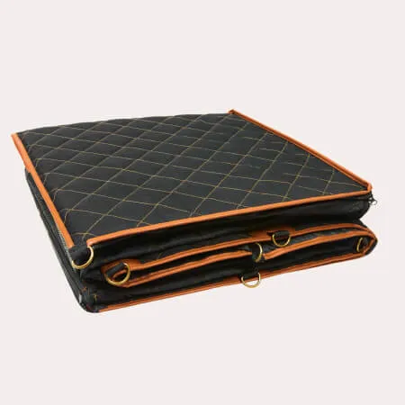 Folded dog seat cover stored compactly for easy transport