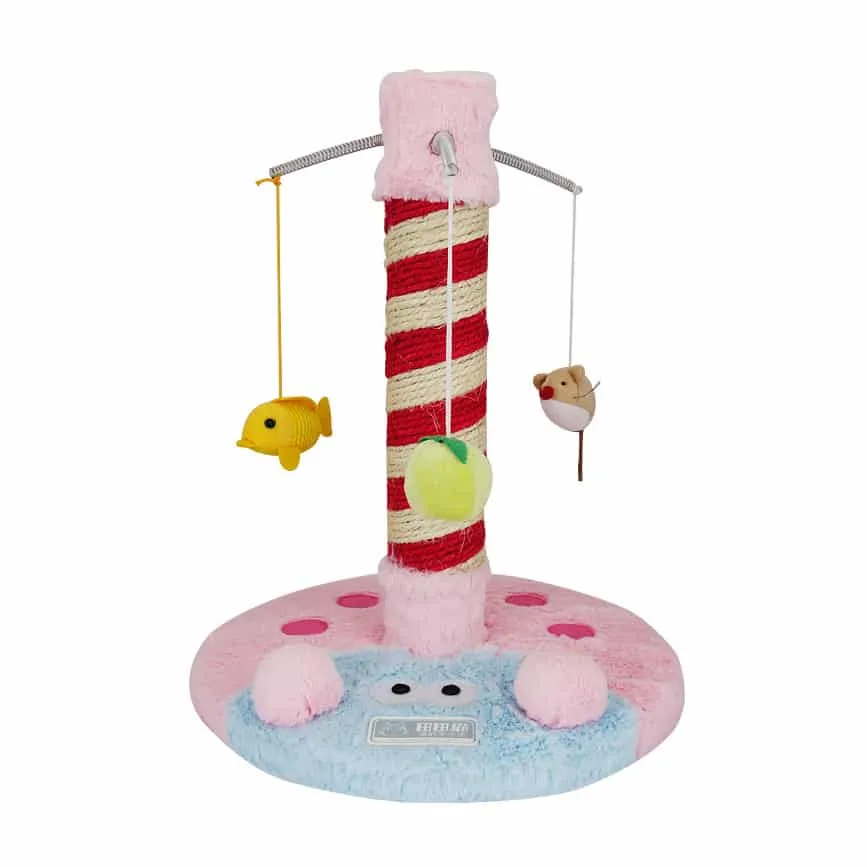 Cat scratching post with attached toy designed for indoor cat entertainment