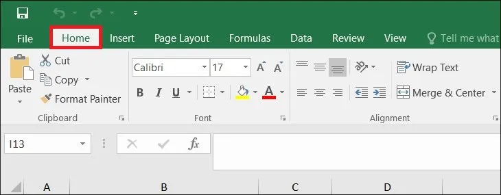 Navigating to the Home tab in Excel ribbon interface