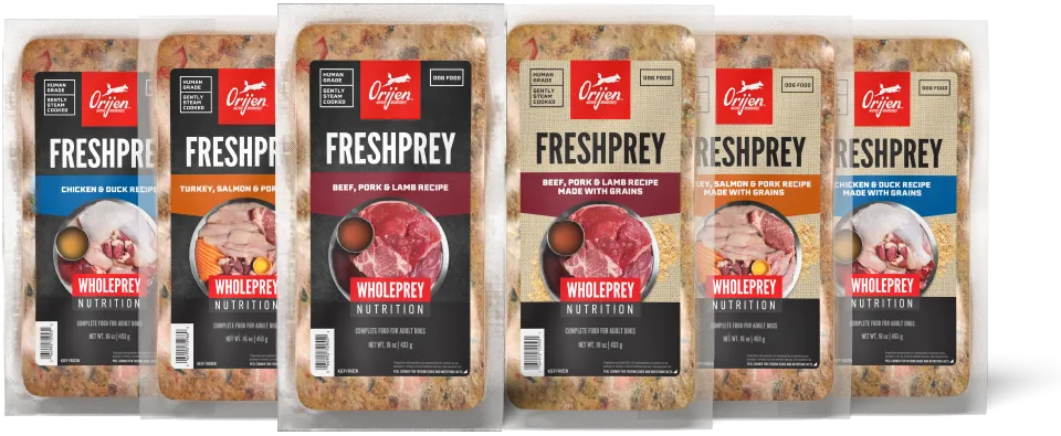 Bags of freshly packaged pet food arranged together