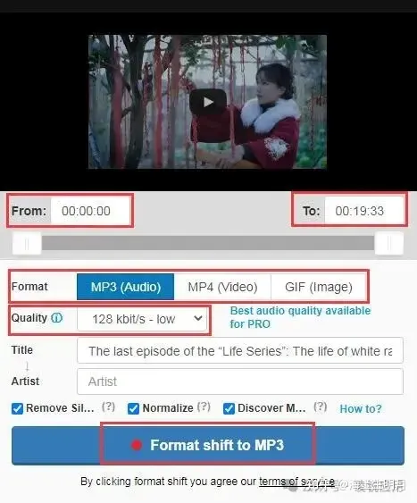 Download options menu with format, quality, and trimming controls