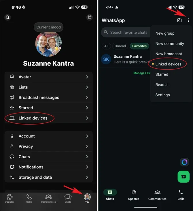 WhatsApp iOS on the left with the You button pointed out, and the Linked Devices circled in red. Android app on the right with the triple dots for the menu button pointed out, and the Linked Devices circled in red