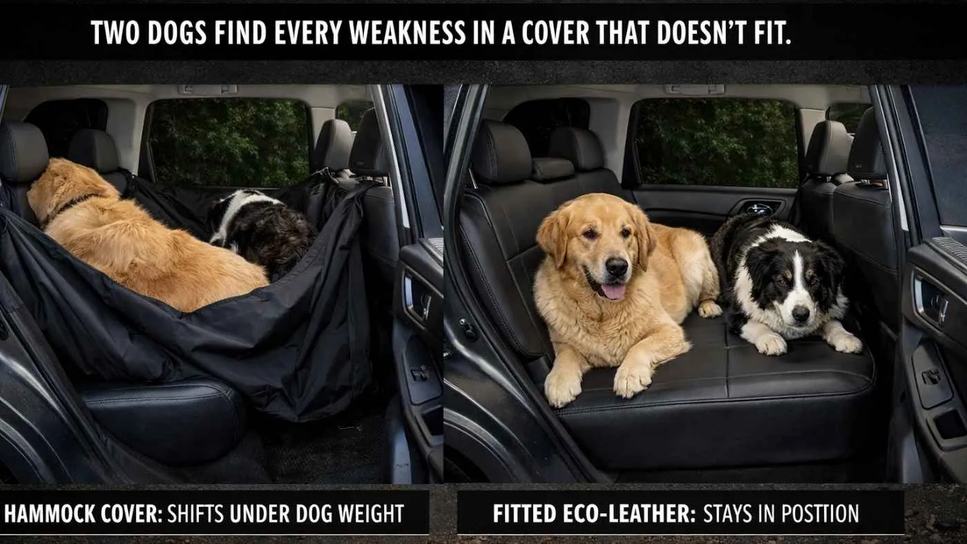 Two dogs in Subaru Forester rear seat, shows hammock cover shifting vs fitted eco-leather seat cover staying secure.