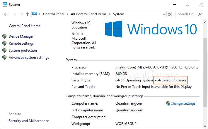 System type example showing x64-based processor